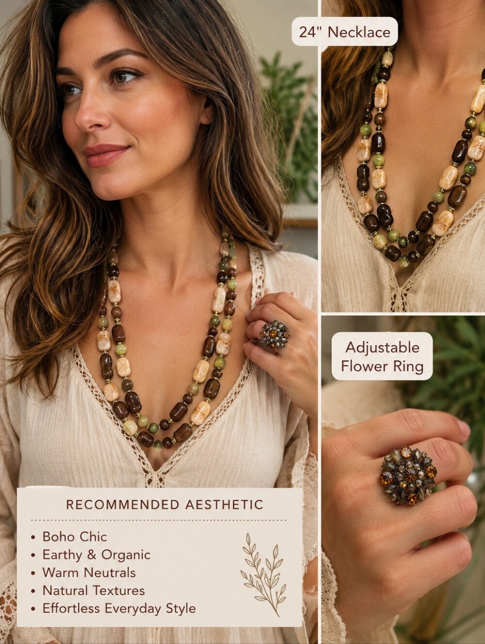 Boho Earth-Tone Double Strand Beaded Necklace 24" + Adjustable Flower Ring Set